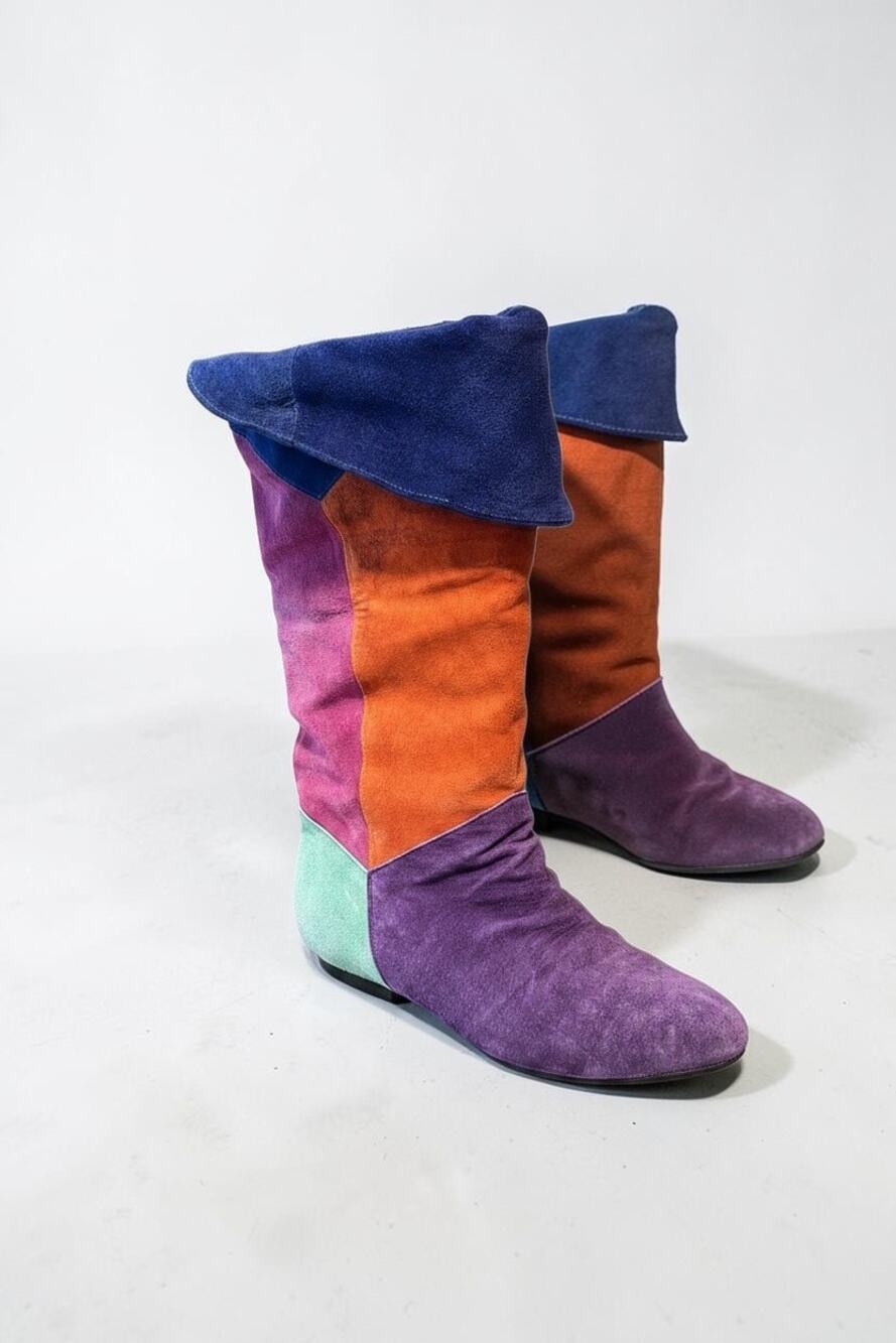 80s Retro Funky Grunge Hippie Color Block Suede Leather Slouchy Boots size 8